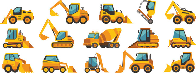 Isometric construction vehicle collection with excavators loaders bulldozers dump trucks and rollers isolated flat vector illustration for building industry design © SreeShoyagini