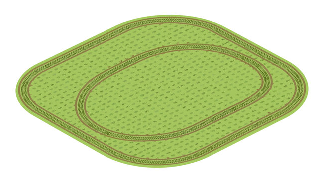 Isometric view of a green ovalshaped racetrack with two parallel tracks