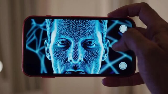 A person is holding a phone with a blue face on the screen. The face is very detailed and he is a computer-generated image. Scene is somewhat eerie and unsettling
