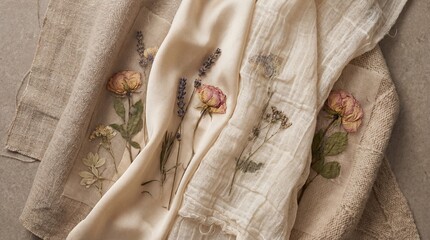 Layered Fabrics with Flowers Symbolizing Layers of Time