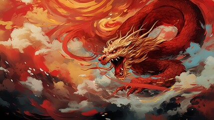 Chinese New Year wallpaper, artistic Chinese dragon illustration flowing across the scene