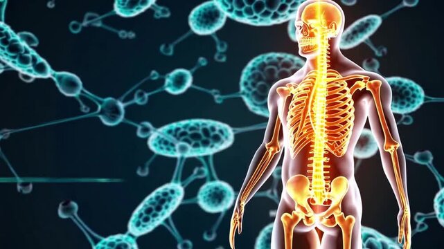A skeleton is shown with a background of cells. The skeleton is shown in a very detailed manner, with its bones and joints clearly visible. The background of cells is shown in a more abstract manner