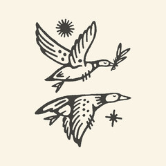 Obraz premium Vintage Hand-Drawn Flying Birds Illustration with Sun and Star Symbols, Minimalist Black Ink Linocut Style Art, Old School Tattoo Design Featuring Geese and Olive Branch for Peace and Nature
