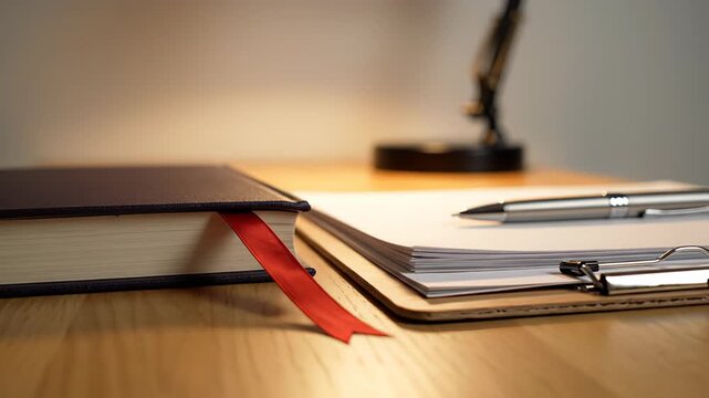 Close-up of a dark blue hardcover book with a red ribbon bookmark resting on a polished wooden desk next to a clipboard and a silver pen with a blurred background and warm lighting creating a