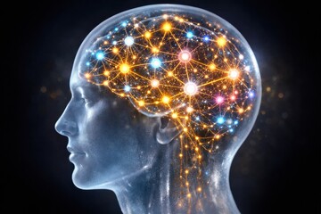 Fototapeta premium Visualization of Neural Connections in a Human Brain With Bright Lights Representing Synapses and Neurons at Night
