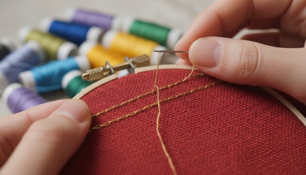 Close up of hands embroidering red fabric with gold thread, colorful spools in background