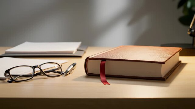 Close-up Of A Leather Bound Book With A Red Ribbon Bookmark Resting On A Wooden Desk With A Pen And Glasses In Soft Natural Light Evoking A Sense Of Studious Reflection And Organization