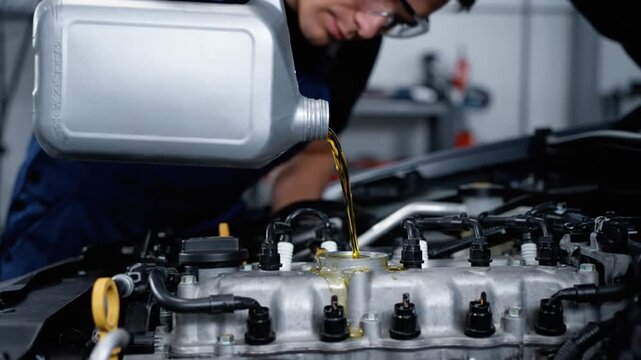 Pouring motor oil into car engine during maintenance