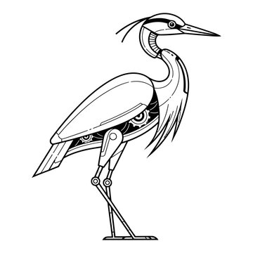 Mechanical heron bird with exposed robotic internal mechanics standing on one leg in profile view