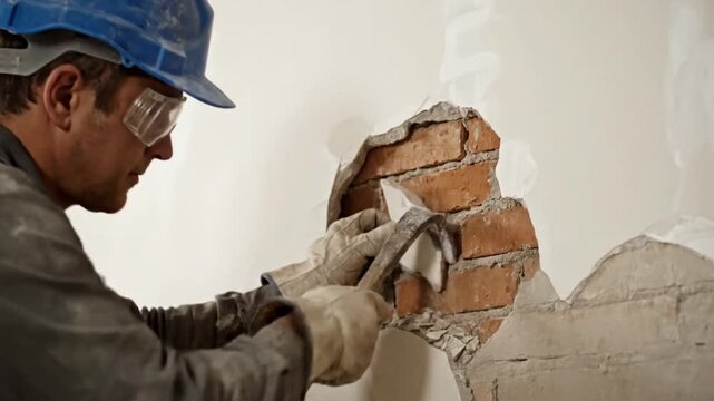 Construction worker removing plaster from brick wall with hammer and chisel