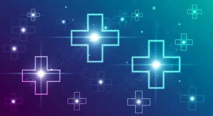 Glowing neon crosses in gradient background