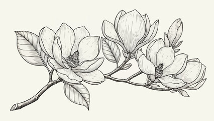 Delicate Magnolia Blossoms Branch Sketch. © Inda