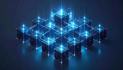Obraz premium Glowing blue cubes forming a futuristic 3D grid structure with neon lights.