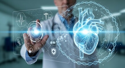 Doctor interacting with digital heart hologram in medical setting