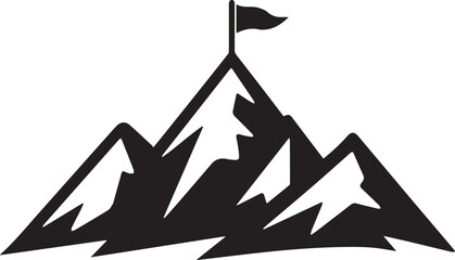 A bold black silhouette mountain peak with a flag symbolizing achievement and victory at the summit
