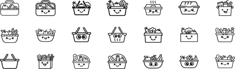 Kawaii Food Containers and Groceries Line Art Icon Set