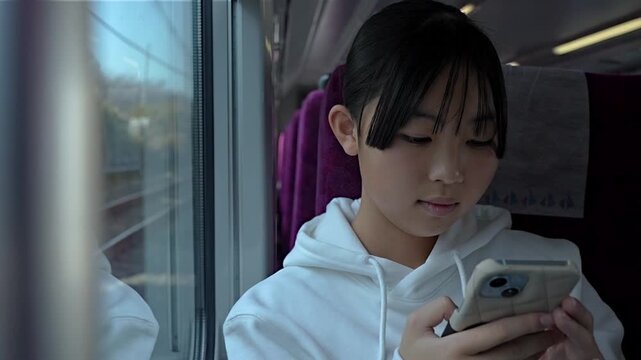 電車でスマホを見る10代の女性