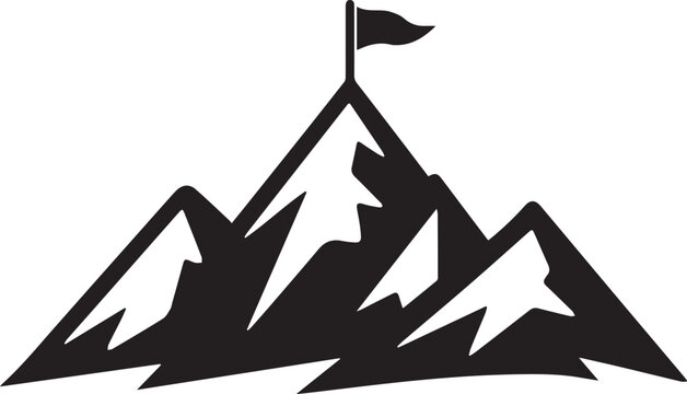 A bold black silhouette mountain peak with a flag symbolizing achievement and victory at the summit