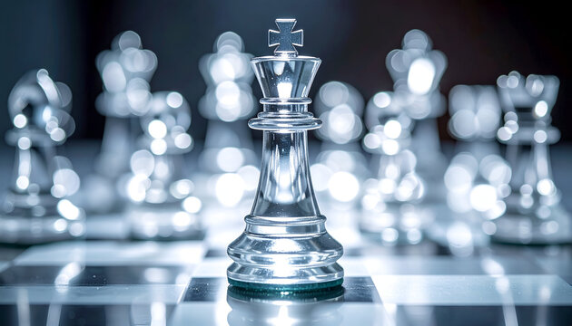 Silver Chess Queen Standing Out on Chessboard with Other Pieces.