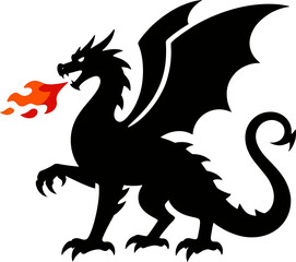 Fototapeta premium Black silhouette logo of side view dragon breathing orange fire flames, dynamic standing pose with spread wings sharp claws horns and curled tail, isolated fantasy vector