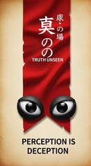 Red banner with Japanese characters and English phrases, two black eyes with glossy white iris, representing message about hidden truth and deceptive perception