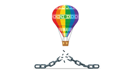 Obraz premium Financial Freedom Concept: Rainbow Hot Air Balloon with Money Breaking the Chain of Debt and Constraints Vector