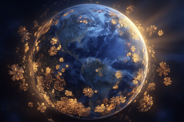Stylized Depiction of Earth with a Solar Flare Effect Featuring Gold Glitter