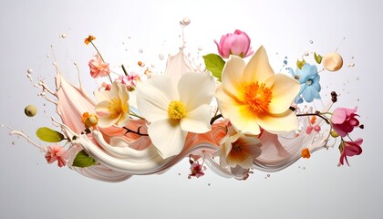 Floral arrangement with pastel hues, featuring white, yellow, pink, and blue flowers amidst a cream-colored swirl on a light backdrop