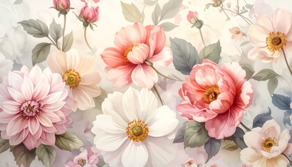 Floral art with blooming pink, peach, and white flowers with pastel foliage on a creamy, soft-focus background