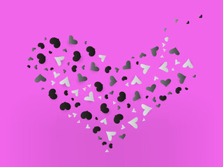 Edgy charcoal grey hearts arrangement in heart shape, stylish pink and black love background for cool greeting cards.