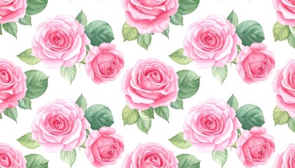 Floral pattern Pink watercolor roses and leaves scattered across a white background, soft, delicate, and romantic