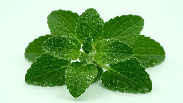 Fresh Green Spearmint Sprig Covered With Tiny Water Droplets on White Table For Culinary Mocktails and Iced Tea Recipe