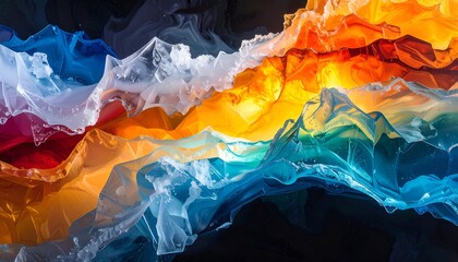 Flowing abstract art with dynamic swirling colors orange, blue, white and black create a textured landscape