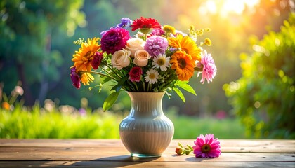 Flowers in vase, bright, sunny background. Wooden table. Colors include red, pink, yellow, white, purple, orange, green