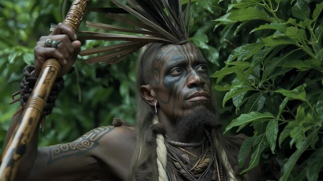 Male witcher warrior in tribal costume holding carved staff in jungle setting, dark fantasy character inspired by shamanic magic and ancient ritual traditions