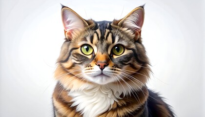 Fluffy brown tabby cat with striking green eyes and a white bib posing against a plain background