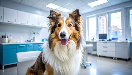 Fluffy collie dog with brown and white fur sits happily in a bright, modern veterinary examination room
