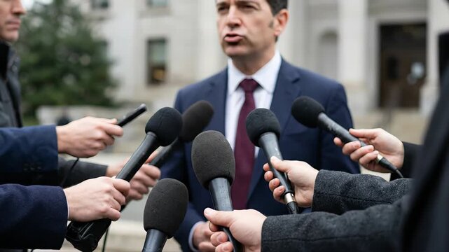 Multiple reporters holding microphones and recording devices are interviewing a public official in a suit who is making an important statement outside a government building for a news report