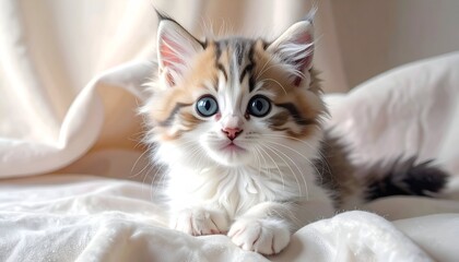 Fluffy kitten with bright blue eyes resting on soft, wrinkled fabric
