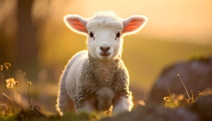 Fluffy lamb basks in golden light, its white wool softly glowing against a blurry, warm, natural backdrop