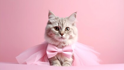 Fluffy light gray kitten wearing pink tutu with bow tie on pink background
