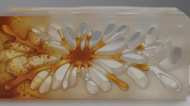 Amber liquid dissolving dark ink from a complex vascular network within a transparent polymer block during a microfluidic lab experiment showing chemical reaction and flow