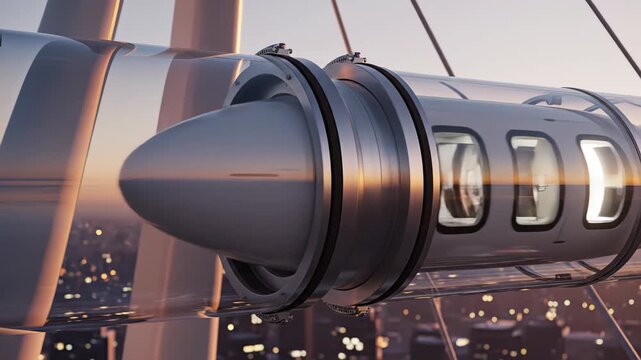 High speed futuristic pod like vehicle traveling through a transparent vacuum tube suspended high above a metropolitan city during a beautiful sunset, showcasing advanced transportation technology