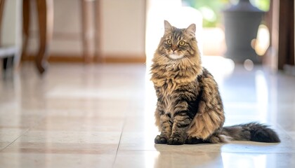 Fluffy tabby cat sits in a bright, modern foyer. Marble floor reflects light, creating a clean & peaceful scene