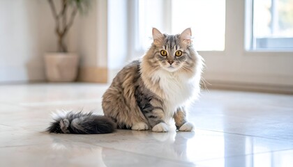 Fluffy tabby cat with amber eyes sits indoors on shiny floor, facing forward, with light, neutral backdrop