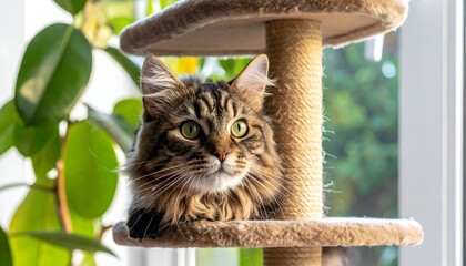 Fluffy tabby cat rests on a beige tiered cat tree near a bright window and a green leafy plant