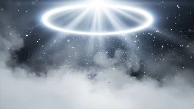 Mysterious Bright Light Beam Illuminating Dark Sky with Wispy Clouds and Sparkling Particles Creating Ethereal Atmosphere