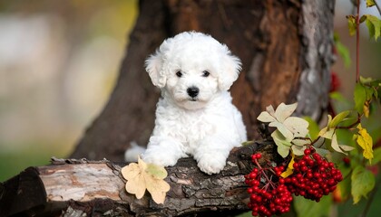 Fluffy white puppy nestled on a tree trunk surrounded by fall foliage and bright red berries