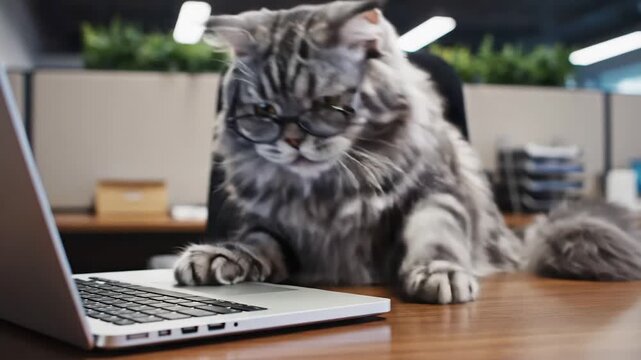 Funny and cute cinematic shot of a fluffy tabby cat wearing glasses and typing on a laptop keyboard in a modern office, representing working from home, feline intelligence, and office humor.