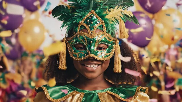 Happy african american girl wearing a festive green and gold mardi gras mask and costume, smiling joyfully at the camera as colorful confetti falls all around her during vibrant celebration. carnival